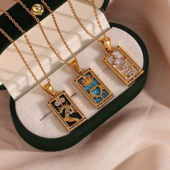 Magician Tarot Card Pendant Necklace 18K Gold Enamel Rectangle Stainless… - Picture 5 of 11